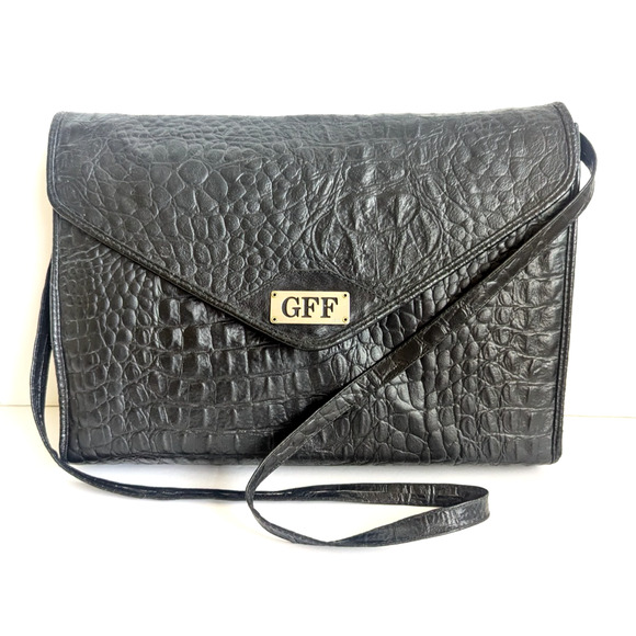 GIANFRANCO FERRE XL Black Crocodile Embossed Leather Clutch Bag Briefcase - Picture 1 of 16